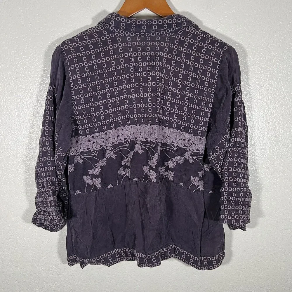 Johnny Was Sheer Floral Embroidered Eyelet Blouse Boho Purple Button Up Sz Large - Picture 3 of 8